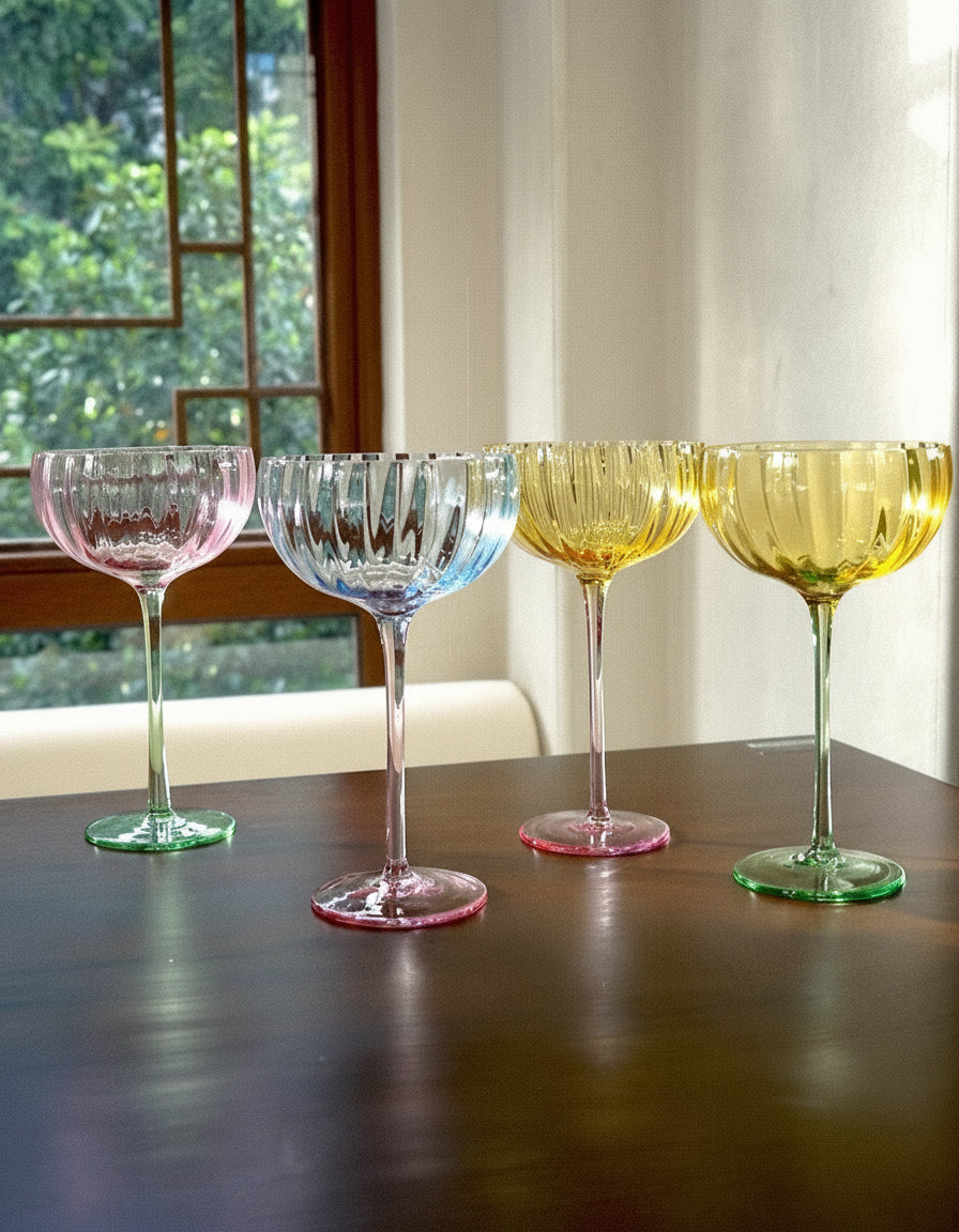 Hand Blown Retro Pastel Coloured Cocktail Glasses Coupe Set of 4 ( $22.5 Each )-0