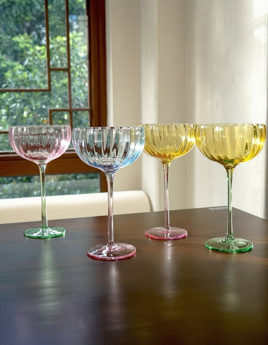 Hand Blown Retro Pastel Coloured Cocktail Glasses Coupe Set of 4 ( $22.5 Each )-0